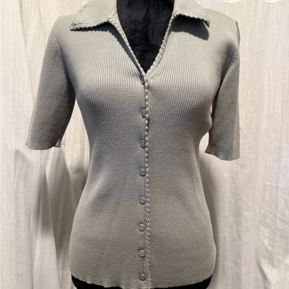 Elie Tahari Light Teal Ribbed Collared Top